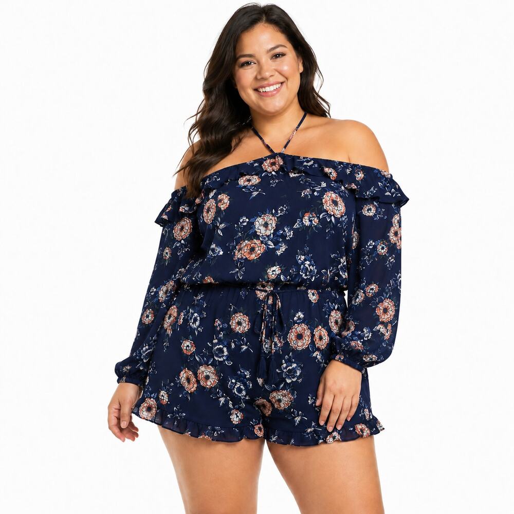 Xhilaration Women's Navy Blue Floral Print Off-the-Shoulder Ruffle Romper